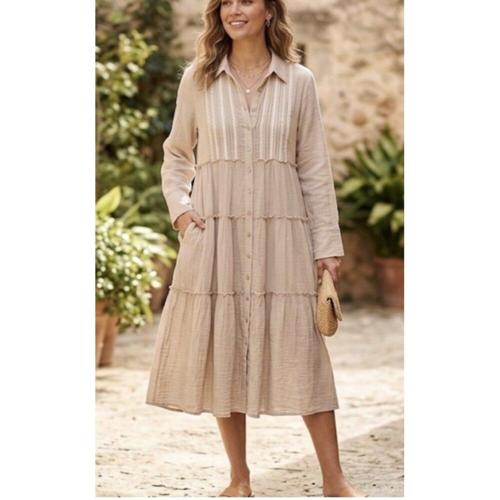 SUNDANCE Enchanted Days Beige Cotton Tiered Midi Dress Tan Boho Peasant Size XL